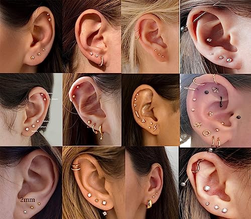 6Pairs 2mm/3mm Surgical Steel Hypoallergenic Piercing Studs, 20G 14K Real Gold Filled Tiny Stud Earrings Set for Multiple Hole Piercing (Cubic Zirconia, Pearl, Ball) - style: I : 2MM + 3MM, Cubic Zirconia, 6 Pairs