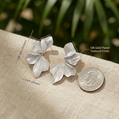 Chunky Gold Plated Flower Statement Drop Earrings for Women | Hypoallergenic 18K Gold Plated Textured Petal Wing, Large Statement Dangle Earrings for Wedding Party - color: silver