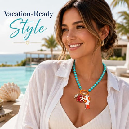 LIU JUN Colorful Beaded Necklace for Women, Chunky Boho Fish Starfish Conch Pendant Acrylic Bead Necklaces Cute Y2K Summer Beach Jewelry Gifts - color: Blue