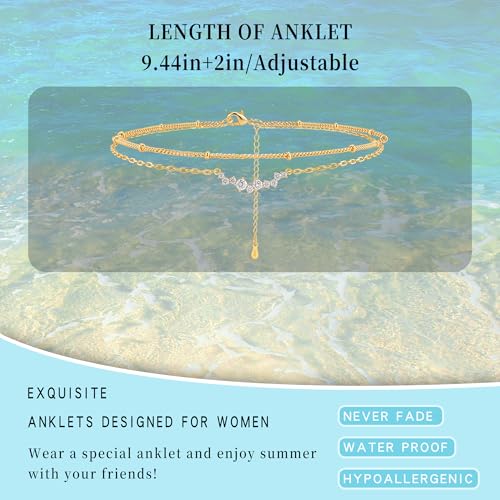 Sterling Silver Ankle for Bracelets Women 14K Gold Waterproof Layered Stackable Chain Sparkling Zircon Adjustable Non Tarnish Anklet Bracelet for Summer Beach Jewelry Gift - color: GoldB