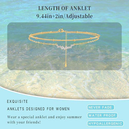 Sterling Silver Ankle for Bracelets Women 14K Gold Waterproof Layered Stackable Chain Sparkling Zircon Adjustable Non Tarnish Anklet Bracelet for Summer Beach Jewelry Gift - color: GoldB