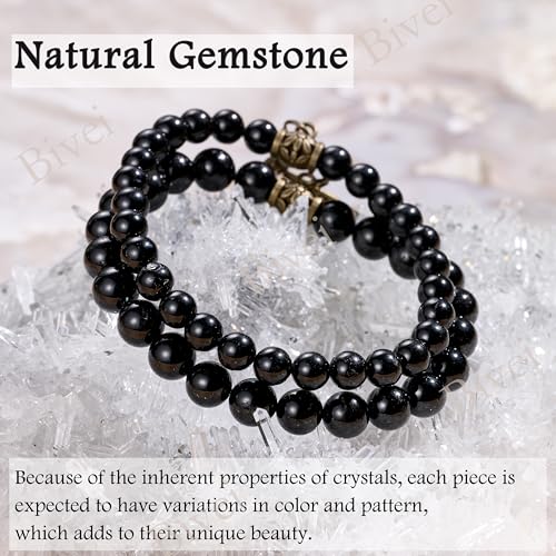 Bivei Natural Semi Precious Gemstone beads bracelet for women - Life Tree and Leaf Charm Energy Reiki Crystal Stretch Bracelets - color: Black Tourmaline Bracelet Set, size: Medium:6.8-7.24inch