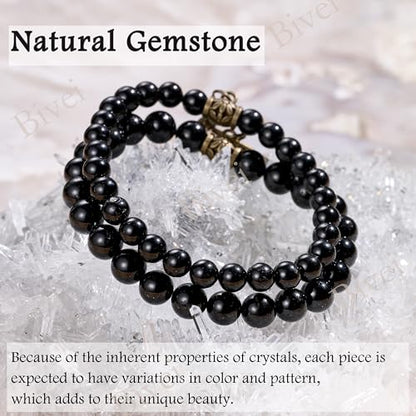 Bivei Natural Semi Precious Gemstone beads bracelet for women - Life Tree and Leaf Charm Energy Reiki Crystal Stretch Bracelets - color: Black Tourmaline Bracelet Set, size: Medium:6.8-7.24inch