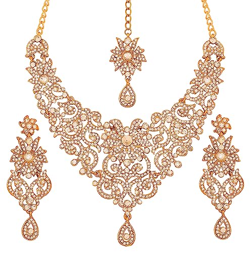 Touchstone Indian Jewelry Sets for Women Bollywood Wedding Bridal Necklace desi Earrings Formal Fancy Rhinestone India Designer Jewellery Punjabi Tikka Set in Antique Gold or Silver or White Tone - color: Gold