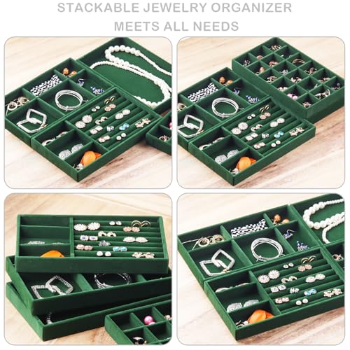 Jewelry Trays for Drawers, Set of 8 Stackable Velvet Jewelry Tray Inserts for Rings, Earrings, Necklaces, Bracelets – Fits Most Dresser/Closet Drawers, Non‑Slip Lined, Green - color: Green