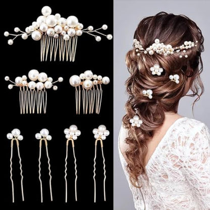 7PCS Pearl Wedding Hair Combs Bridal Headpiece Pearl Hair Pins Hair Clips Elegant Hair Accessories for Bridesmaids Brides Flower - color: Pearl