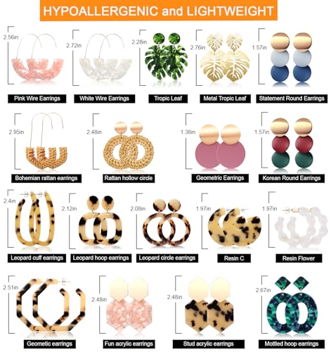 18 Pairs Vacation Statement Earrings for Women Straw Rattan Earrings Acrylic Resin Hoop Drop Dangle Earrings Set Hypoallergenic for Sensitive Ears