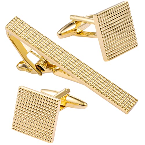 HAWSON Metal Cufflinks and Tie Clip Set for Men Novelty Cuff Links and Tie Bar Gifts for Wedding Level,Football, Musical Symbols Designs - color: Gold Squares Ridged set