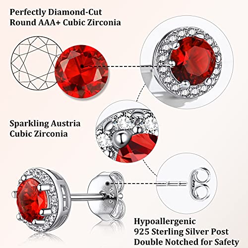 Bestyle Sparkling 925 Sterling Silver Birthstone Stud Earrings for Women, Heart/Round/Teardrop/Square Solitaire Diamond Studs Earrings, Great Birthday/Christmas Gifts - style: 07. Red Ruby-July-round