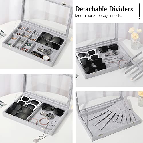 Emibele Velvet Jewelry Organizer Box, 24 Grids with Clear Lid Rings Earrings Bracelets Necklace Organizer Tray Showcase Display Jewelry Storage Case, Grey - style: K2- 24 Grids with Lid