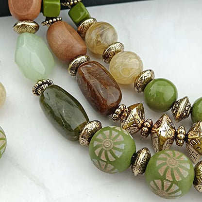 Bocar 3 Layer Chunky Statement Beaded Necklace and Earrings Set, Fashion Multi Layer Women Collar Necklace Jewelry Set - color: Olive