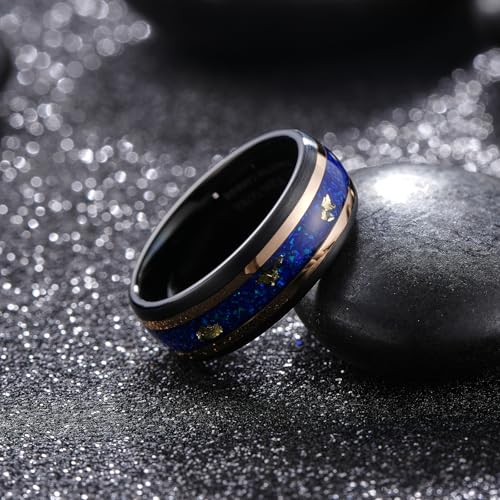 King Will Black Tungsten Rings for Men Hammer Wedding Band | Black, Grooved, Hammer Wedding Band Gold Groove, Sand Inlay, Everyday Wear - color: Blue Green Opal & Golden Foil