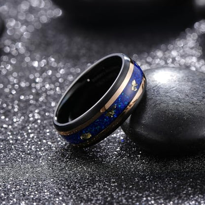 King Will Black Tungsten Rings for Men Hammer Wedding Band | Black, Grooved, Hammer Wedding Band Gold Groove, Sand Inlay, Everyday Wear - color: Blue Green Opal & Golden Foil