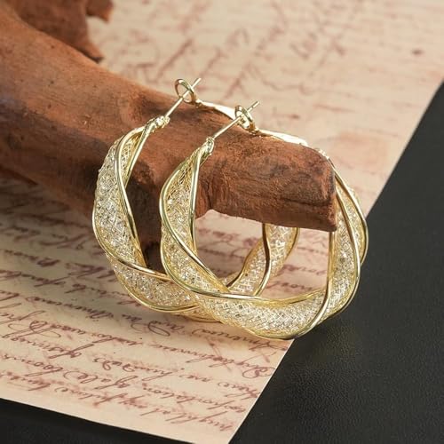Luxury 14K Gold Plated Brass Hoop Earrings for Women, 3D Metal Mesh with Sparkling Diamonds, Lightweight Twisted Circle Design (33mm), Stylish Daily Jewelry