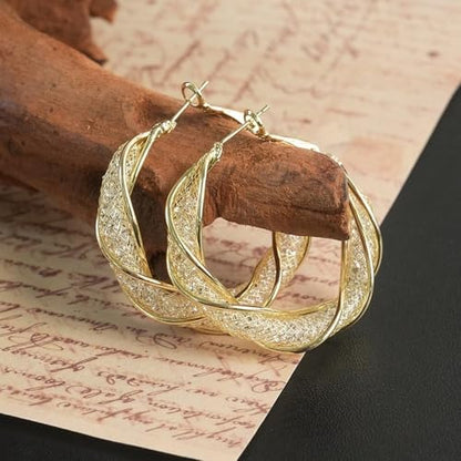 Luxury 14K Gold Plated Brass Hoop Earrings for Women, 3D Metal Mesh with Sparkling Diamonds, Lightweight Twisted Circle Design (33mm), Stylish Daily Jewelry