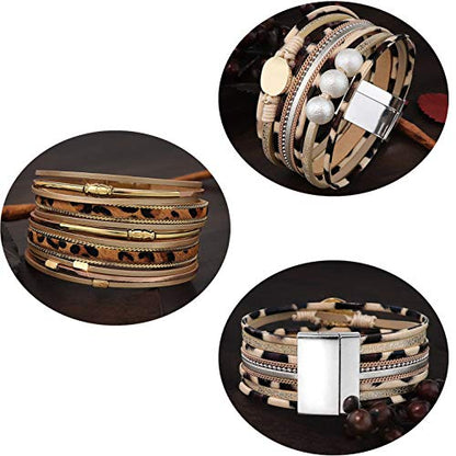 Wowanoo 3Pack Leather Cuff Bracelet Set Multilayer Wrap Bracelet Crystal Feather Tree Bracelet Magnetic Clasp Bracelet for Women - color: Leopard