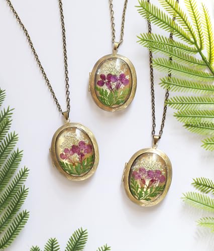 Handmade Oval Shaped Photo Locket with dried Pressed Flowers Locket pendant Necklace - style: Oval-Purple Lobelia