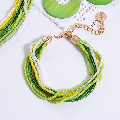 Coiris Multi Strand Statement Colorful Beaded Necklace with Big Circle Shell Pendant for Women - color: ST0012-Jasmine Green