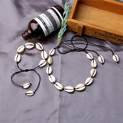 Starain 2Pcs Shell Necklace Anklet for Women Handmade Adjustable Puka Beach Shell Necklace Set - color: A-Black