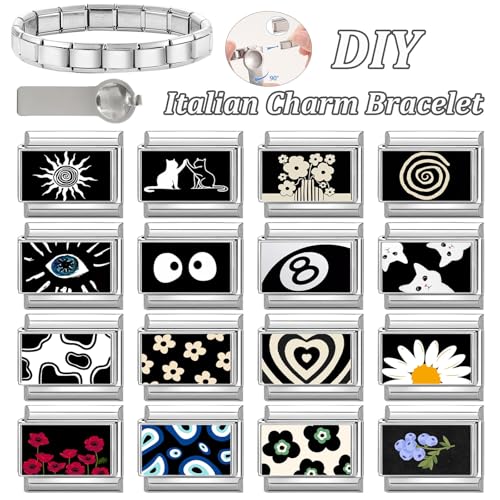 papasgix 11Pcs Italian Charms Set, 10mm*9mm Silvery Italian Charm | Italian Charms Bracelet Link Black Patterns Stainless Steel DIY Jewelry Gifts - style: 22pcs-Sun