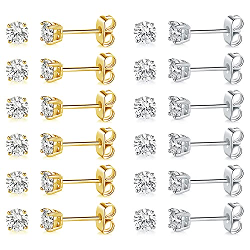 MDFUN Hypoallergenic CZ Stud Earrings Set for Women/Men,6 Pairs 18K Gold Plated Round 3-8mm Clear Cubic Zirconia Earring Pack Jewelry Gift - color: White and Yellow gold-4mm-12 pairs
