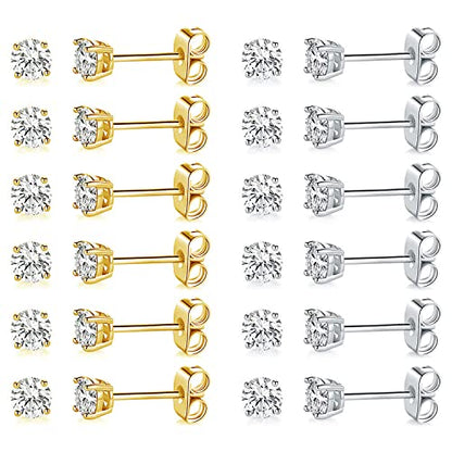 MDFUN Hypoallergenic CZ Stud Earrings Set for Women/Men,6 Pairs 18K Gold Plated Round 3-8mm Clear Cubic Zirconia Earring Pack Jewelry Gift - color: White and Yellow gold-4mm-12 pairs