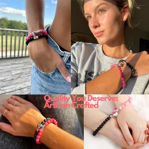 Set Of 2 Couples Bracelet Magnetic Healing Natural Bead Stone Stretch Bracelet Unisex Anniversary, Friendship, Valentine, Christmas Gift - color: Black+Pink, style: With Luxury Giftbox