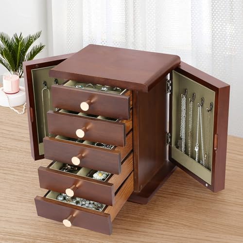 Kendal Wooden Jewelry Box for Women, Wooden Jewelry Organizer, 5-Layer Jewelry Organizer Box with Side Door, Jewelry Holder Organizer for Earrings, Necklaces, Rings