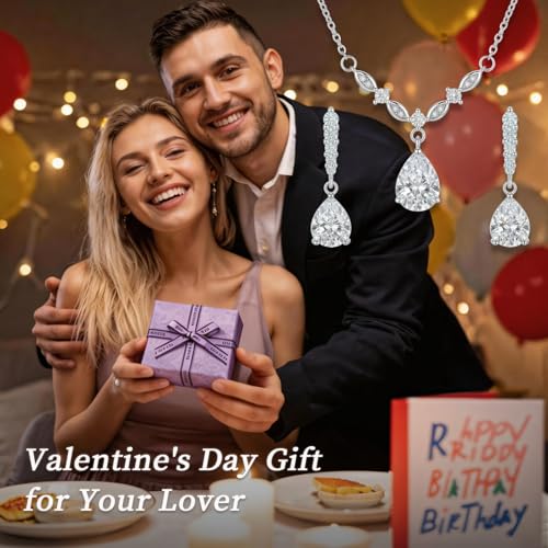 Platinum Plated Cubic Zirconia Teardrop Pendant Necklace Dangle Earrings Set, Silver Jewelry Set for Women,Wedding Jewelry Set for Bride,Bridesmaid Jewelry Gift, Gift for Valentine's Day, Birthday - color: White
