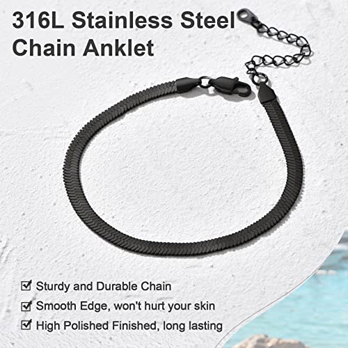 Adjustbale Link Chain Anklet for Women Summer Jewelry, 316L Stainless Steel Figaro/Wheat/Twist Rope/Cuban Foot Bracelet-Waterproof, Resizable 9"-12" (Gift Box Included) - color: 6, Herringbone - Black-5mm