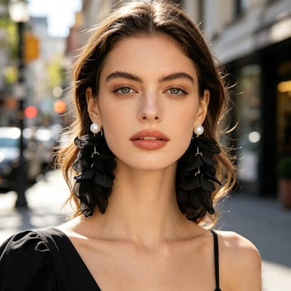 Handmade Bohemian Lightweight Fabric Flower Dangle Drop Earrings Chic Pearl Large Tassel Petal Stud Earrings For Women - color: Black