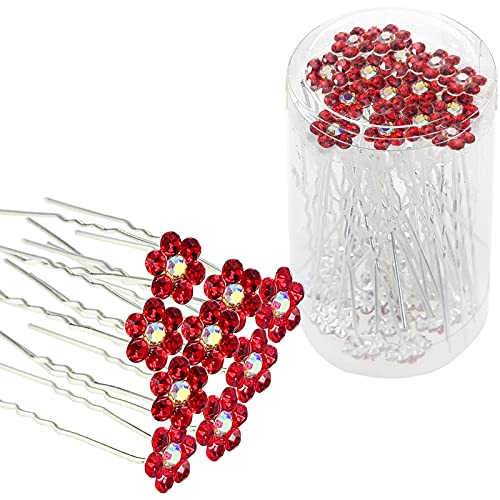 Rhinestone Flower Hair Pins, 40 Pcs U-Shaped Crystal Party Wedding Bridal Hair Accessories for Women Girls (Red) - color: Red