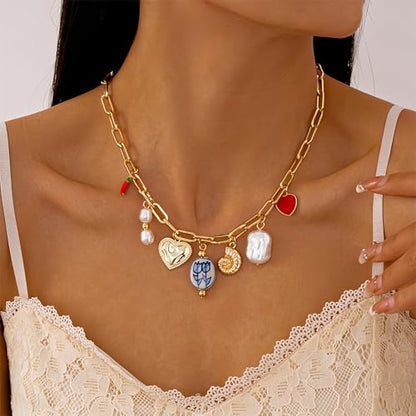JNF Cute Shell Conch Boho Charm Necklace for Women Sun Moon Star Coin Heart Flower Boot Bow Charms Necklaces Summer Beach Jewelry - color: charm gold