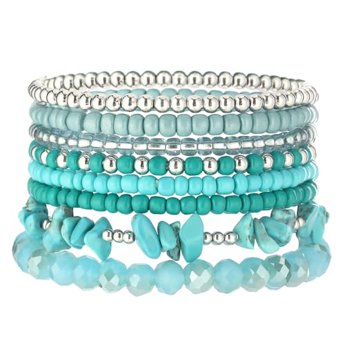 Noessla Boho Beaded Bracelets for Women Stackable Irregular Natural Stone Bead Stretch Bracelet Set 8PCS Costume Jewelry Gifts for Her - color: Turquoise