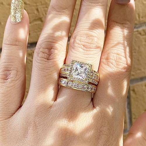 CEJUG 3Ct Princess Wedding Rings for Women Engagement Ring Set Bands 18k White Gold Plated Halo Cz Size 6-10 - color: Gold