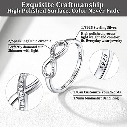 Bestyle Simple S925 Sterling Silver Infinity Rings Cubic Zirconia Rings, Nice Cute BFF Friendship Rings, Dainty Eternity Promise Wedding Bands Perfect Every Day Ring, Size 4-12, Words Engavable - color: 4. Silver Infinity Ring (custom)