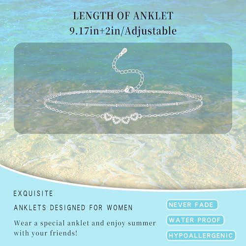 Sterling Silver Ankle Bracelets for Women 14k Gold Plated Waterproof Layered Stackable CZ Charm Non Tarnish Adjustable Anklet for Summer Beach Birthday Jewelry Gift - color: silverB