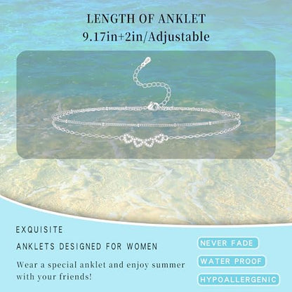 Sterling Silver Ankle Bracelets for Women 14k Gold Plated Waterproof Layered Stackable CZ Charm Non Tarnish Adjustable Anklet for Summer Beach Birthday Jewelry Gift - color: silverB