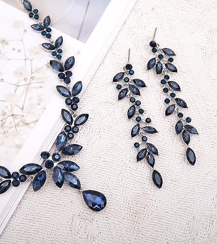 CSY Elegant Bridal Jewelry Sets Wedding Prom Homecoming Gown Accessories | Austrian Marquise Crystal Wedding Necklace Dangle Earrings Tennis Bracelet Ring Set for Bride Women Costume Accessories - color: navy blue crystal-platinum tone