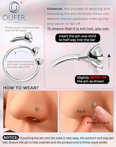 OUFER 2PCS 316L Surgical Steel Horseshoe Nose Rings Hoops, 20G Push Pin Threadless Nose Rings For Women Men, Double Crystal Horseshoe Septum Lip Eyebrow Helix Daith Ear Piercing Jewelry-7mm and 8mm - color: Silver, Clear CZ