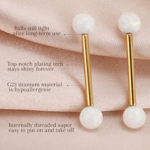 AROWRO Nipple Piercing Jewelry G23 Titanium Nipple Rings Tongue Rings Nipple Bar 14G Internally Threaded Straight Barbells Bridge Piercing Jewelry 12mm-20mm - color: Gold+White Opal