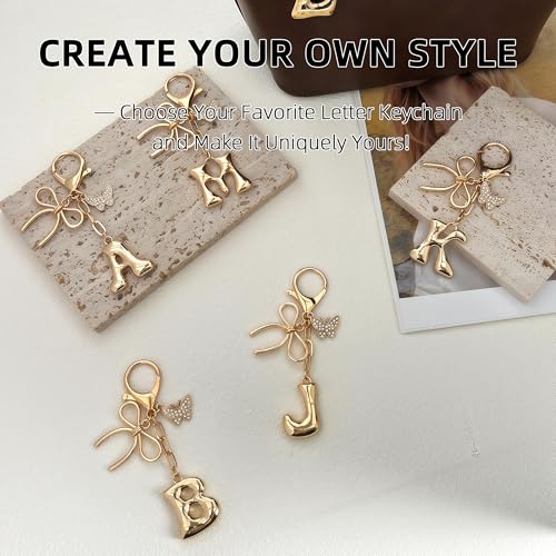 Gold Bubble Heart, Cherry, Bow & More Designs Letter Initial Keychain Bag Charms – Cute Purse Charms for Handbags - color: Bow & Butterfly, style: S