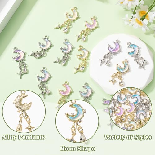 Moon Charms for Jewelry Making Alloy StarCharms Glass Golden Silver Metal Pendants for DIY Earring Bracelet - color: Mixed Color