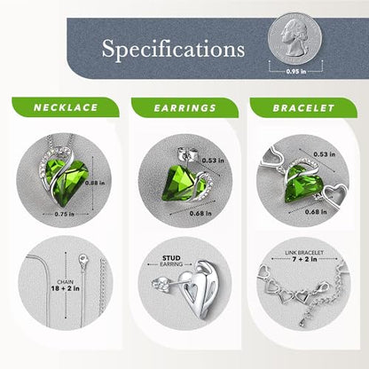 Leafael Necklace Gift Set for Women, Infinity Love Birthstone Heart Pendant with Matching Earrings and Bracelet, for Mom and Wife, Silver Plated - color: 08-Set-August-Peridot Green