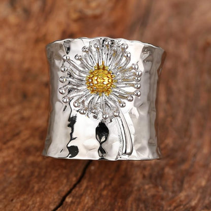 Simple Two Tone Dandelion Wide Bohemian Ring for Women Daily Party Vacation Fashion Jewelry - color: Silver & Gold