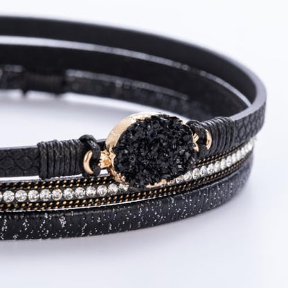 Boho Chunky Leather Wrap Bracelets Stackable Beaded Western Country Jewelry | Crystal Bead Trendy Layered Cuff Magnetic Clasp Stack Bohemian Statement Costume Outfits Cowgirl Fashion Hippie Accessories - color: Black, size: 14.7"