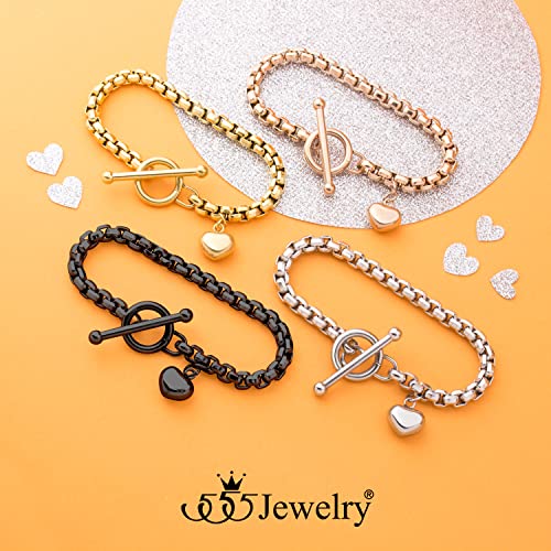 555Jewelry Stainless Steel Toggle Box Link Chain Heart Charm Bracelet for Women & Girls - color: Gold
