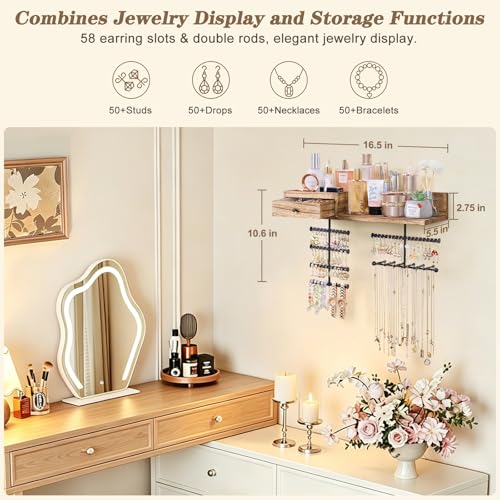 VINAEMO Jewelry Organizer Hanging Wall Mounted Jewelry Holder with Rustic Wood Drawer & Large Capacity Storage Shelf Rack Display for Earrings Rings Necklaces Bracelet - color: Carbonized Black