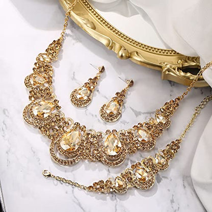 Women's Statement Jewelry Set for Wedding Prom Accessories | Shiny Teardrop Crystal Cluster Hollow Necklace Dangle Earrings Chain Bracelet Set for Bride Bridesmaid - color: Champagne