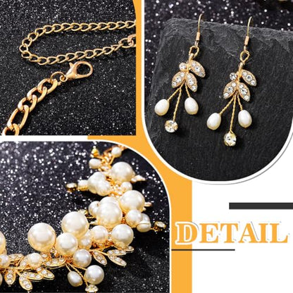 Sixexey Bridal Wedding Jewelry Set Gold Pearl Necklace Jewelry for Women | Crystal Rhinestone Necklace and Earrings Prom Costume Jewelry for Women and Brides